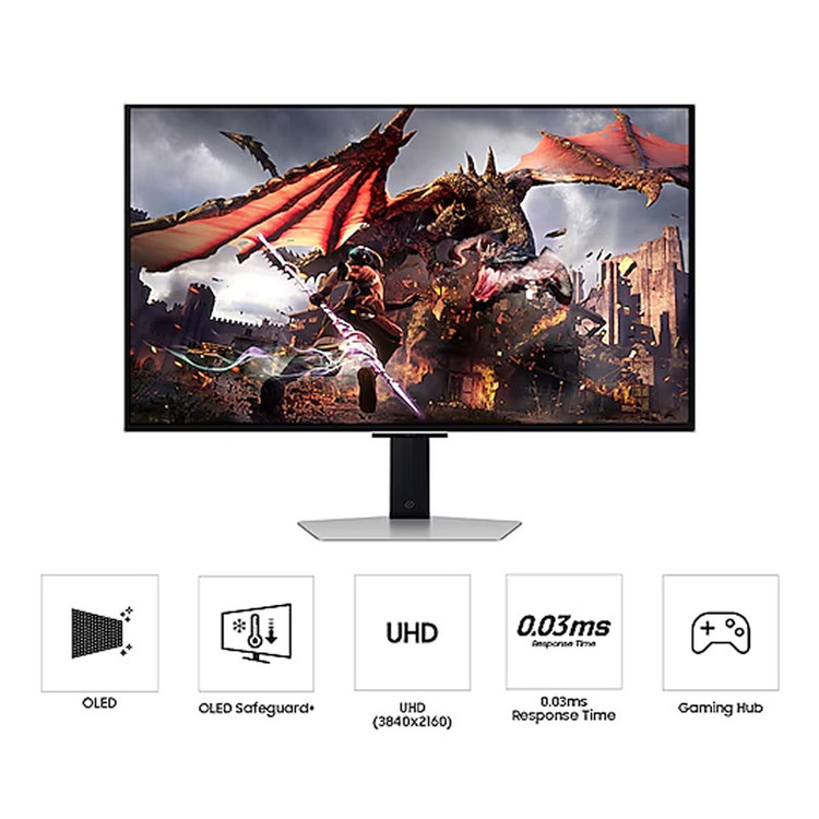 مانیتور گیمینگ 32 اینچ سامسونگ مدل Odyssey G80SD LS32DG802SMXUE، رزولوشن 4K UHD، پنل OLED، نرخ بروزرسانی 240 هرتز، با نسبت تصویر 16:9، دارای اسپیکر داخلی، دارای پورت HDMI و DisplayPort